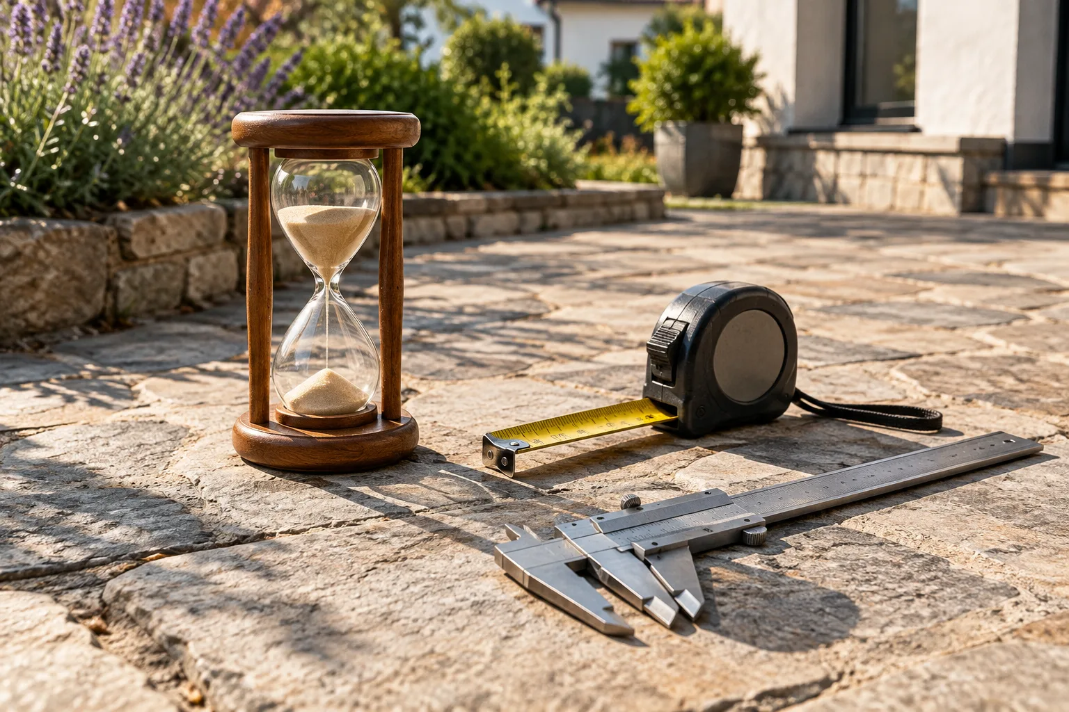 Песочные часы, рулетка и штангенциркуль лежат на каменной дорожке