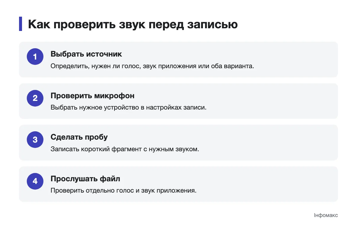 Последовательность проверки источников звука перед записью экрана